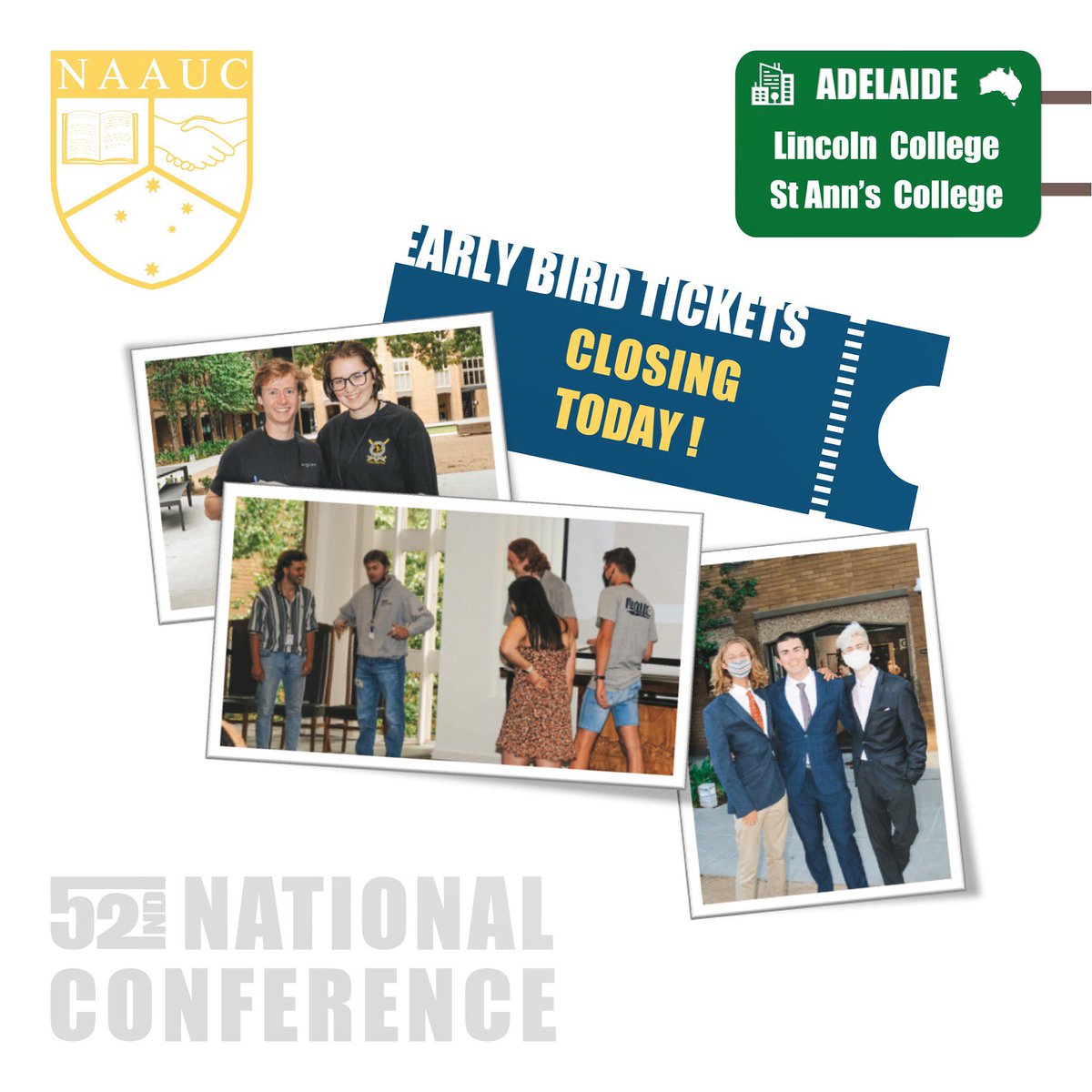 NAAUC's tweet photo. 🎫 EARLY BIRD TICKETS 🎫 
Last day to grab your early bird tickets for NAAUCCON21!! 🤩
-
Make sure to check out all of our National Conference info in the link below!! 
-
Stand ticket sales begin Monday August 2nd. 

https://t.co/pRPSnSp68E https://t.co/Q0Rdo62apK