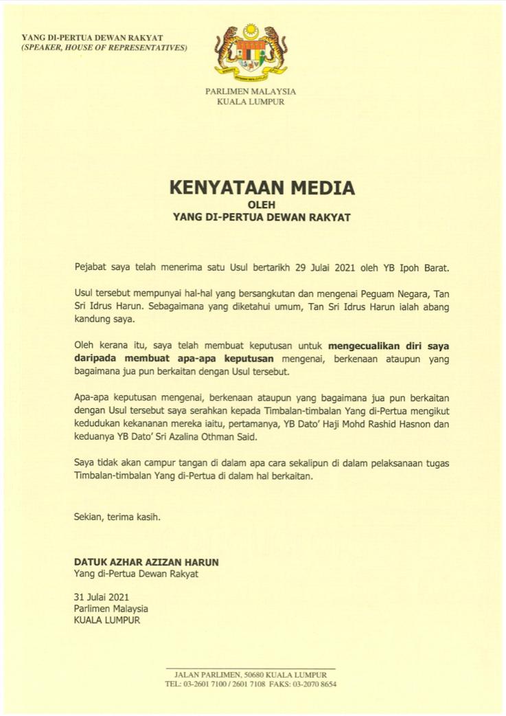 Bfm News On Twitter 1 Dewan Rakyat Speaker Azhar Azizan Harun Has Decided To Refrain From Being Involved In A Motion Concerning Attorney General Idrus Harun He Cited A Possible Conflict Of Interest