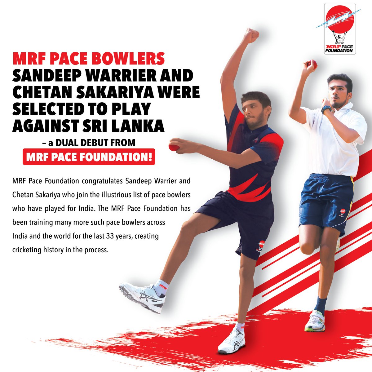 MRFPace's tweet photo. A dual debut from MRF Pace Foundation! Two of our pacers, Sandeep Warrior and Chetan Sakariya were selected to play against Sri Lanka. Driving ahead our mission to add pace to India's bowling over the last 33 years. 

#MRF #MRFPaceFoundation #TeamBlue #TeamIndia #Cricket https://t.co/pkdy1F3HzS