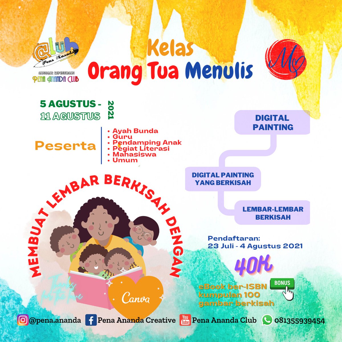 Bulan Agustus, Sanggar Kepenulisan Pena Ananda Tulungagung <a href="/ClubPena/">Pena Ananda Club</a> punya berbagai kegiatan keren yang bisa diikuti nih! Cek poster untuk info lengkapnya ya!