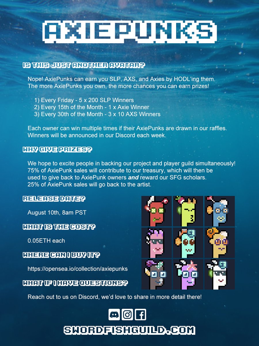 TheSharkNFT's tweet photo. SFG is hosting our first #NFTgiveaway for our limited series of #AxiePunks!

To participate:
1️⃣ Follow @SwordfishGuild 
2️⃣ Like this post
3️⃣ Retweet
4️⃣ Tag 2 friends below

We'll pick 3 random winners in 72 hours!
Each winner will receive 1 AxiePunk on drop day (August 10th)! 🌊 https://t.co/asMDRFXv0t