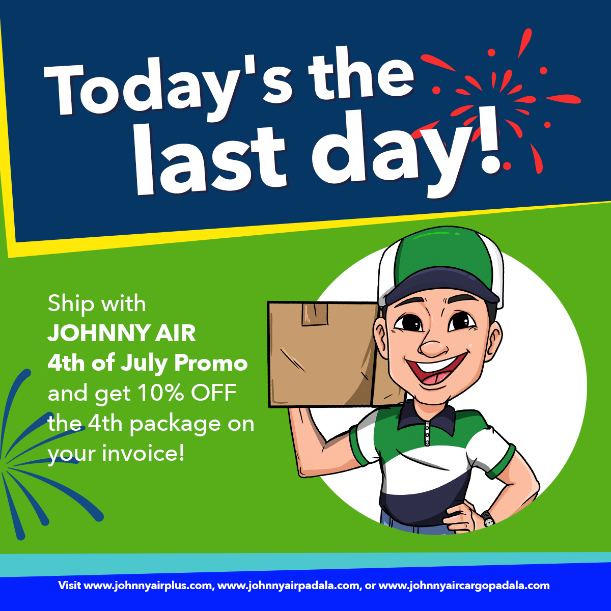 johnnyairplus's tweet photo. Promo ends today!

Get 10% OFF the 4th package on your invoice when you ship with us this whole month of July!
.
.⁣⁣
#KuyaJohnnyTips⁣⁣#SagotKaNiKuyaJohnny #JohnnyAirPlus #USAtoPhilippines #YouShopWeShip #cargoshipping https://t.co/Q0FQq3Ha5B
