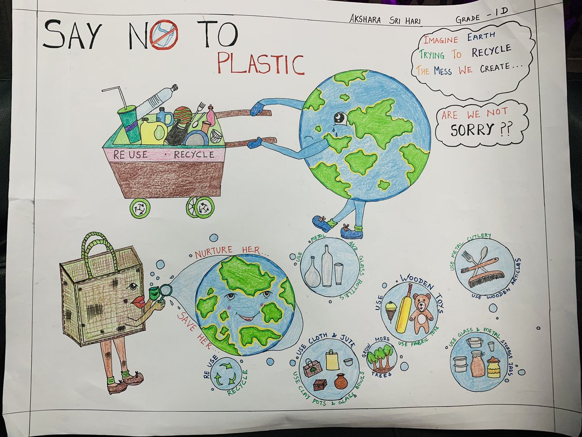 Artsz's tweet photo. Akshara drew why we should โSay No To Plasticโ and what alternatives we can use! You go kiddo.. ๐คฉ #SayNoToPlastic #GNMS @gemsnms_alkhail @InnovationNms @nmswow101 @Fatima_Martin @MichelleVerghe1 @ramee_t4 @PayalMi43277867 @sidra5 https://t.co/doS2af4Fk2