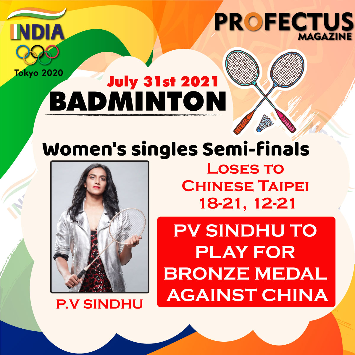 bigbangmediaX's tweet photo. #TeamIndia #TokyoOlympics 2020
India's PV Sindhu loses 18-21, 12-21 to Tai Tzu-Ying in women's singles semifinal, will face China's He Bing Jiao in bronze-medal match
#profectusmagazine #badminton #pvsindhu #india #weareteamindia #cheer4india #chinesetaipei #china #seminfinal https://t.co/xL2ntHe7Iy