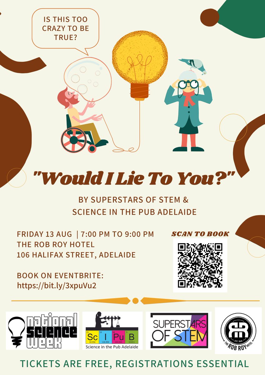 SciPubAdelaide's tweet image. WOULD I LIE TO YOU?

For @Aus_ScienceWeek, we join with #SuperstarsofSTEM @ScienceAu for extraordinary stories from #science. But are they telling the truth or telling a lie? 

Join us at Rob Roy Hotel on 13th Aug

Free event, please register here - bit.ly/3xpuVu2