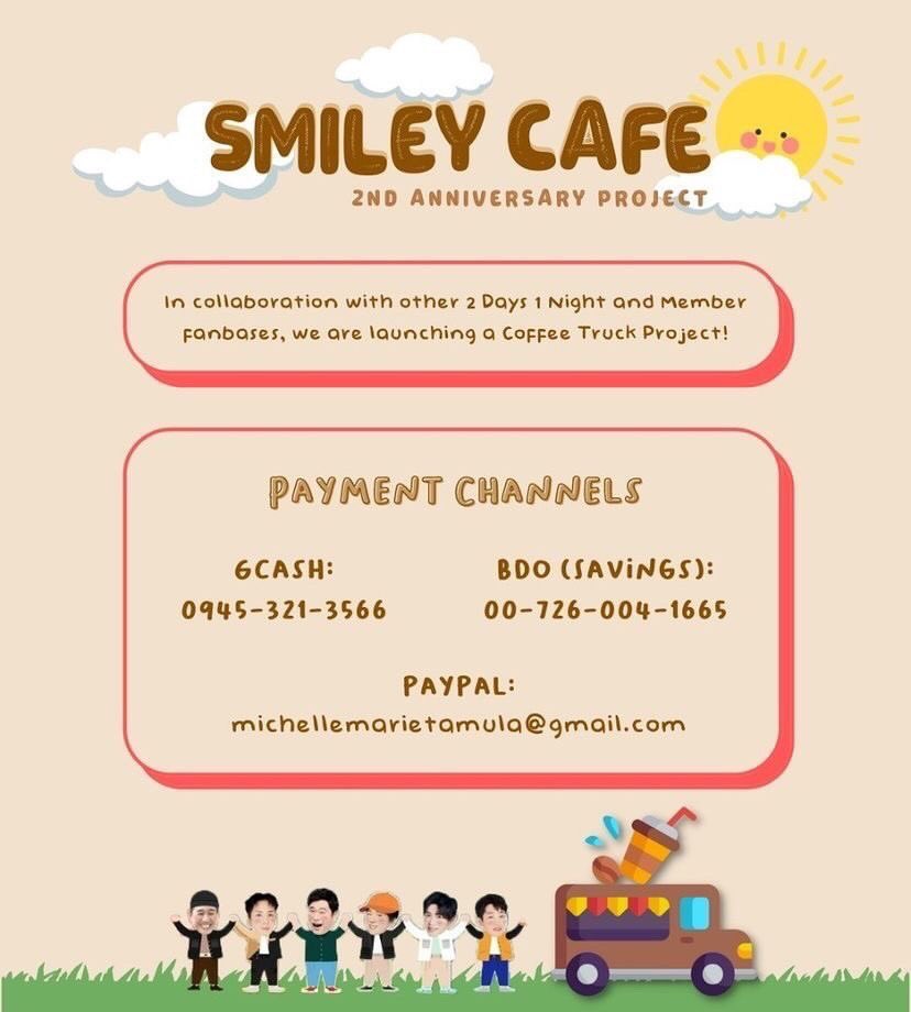 RAVIPhilippines's tweet photo. Annyeong yeorubun!! RAVIPH is teaming up with 2 days and 1 night fanbases to give the 2D1N cast and crew an advance 2nd anniversary gift… introducing Smiley Cafe Food Truck Project :) 

I hope you can help us make it possible. 
Kindly check the details below. 

Thank you 💜 https://t.co/TDwTgujnBS