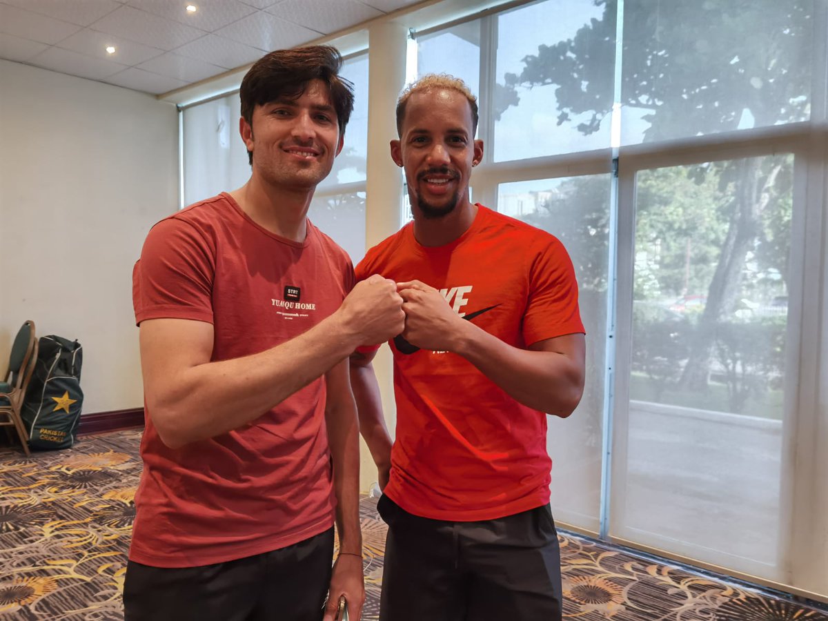 TheRealPCB's tweet photo. Mohammad Wasim Jnr 🤝 Lendl Simmons https://t.co/bYIuWnwUOx