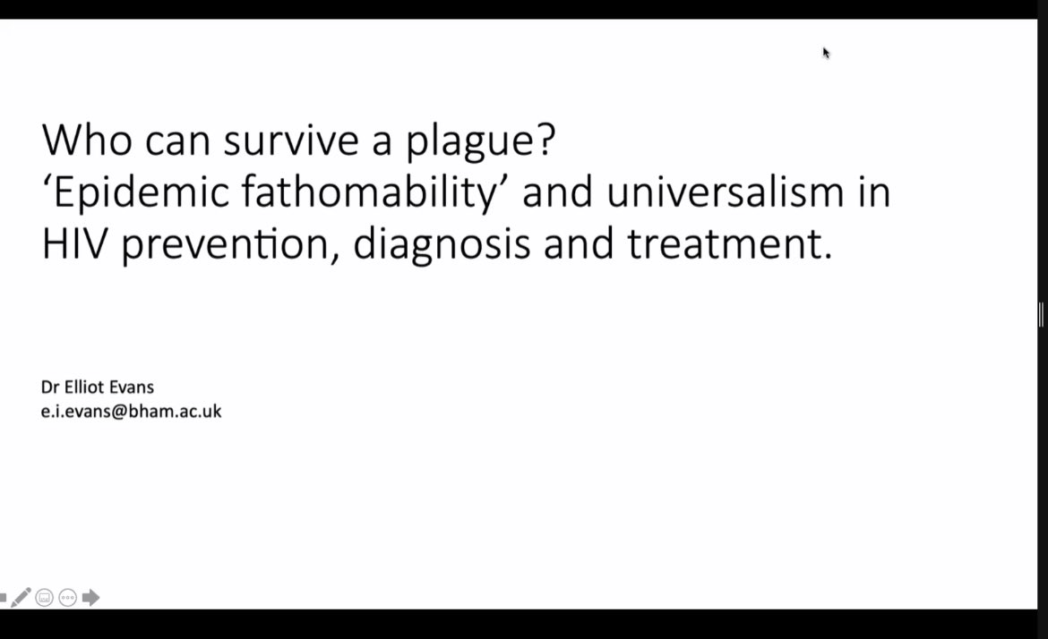 And here’s Dr Elliot Evans’ keynote title: “Who can survive a plague? ‘Epidemic fathomability’ and universalism in HIV prevention, diagnosis and treatment” @womxnmedhums @IMLR_News @SASNews @gary_needham @MFL_UoB @UoBlanguages @rhrosenberg #womxnmedhums2021