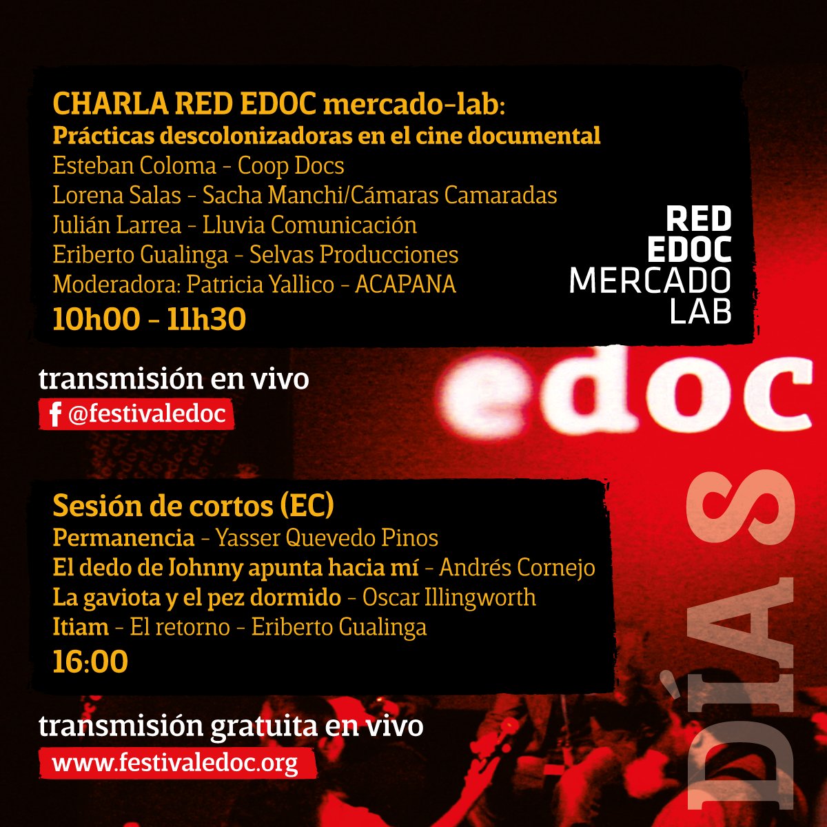 FestivalEDOC's tweet photo. ¡Penúltimo día de nuestros #20EDOC y tenemos de todo, para todos!

Revisa toda la información en https://t.co/nPoj96mU8S.

#EDOC #EDOCenLínea

@Creatividad_EC
@Cultura_Ec

@camarascamarada
@wirukaraju
@coopdocs
@AcapanaEc https://t.co/lS3pFLwEMD