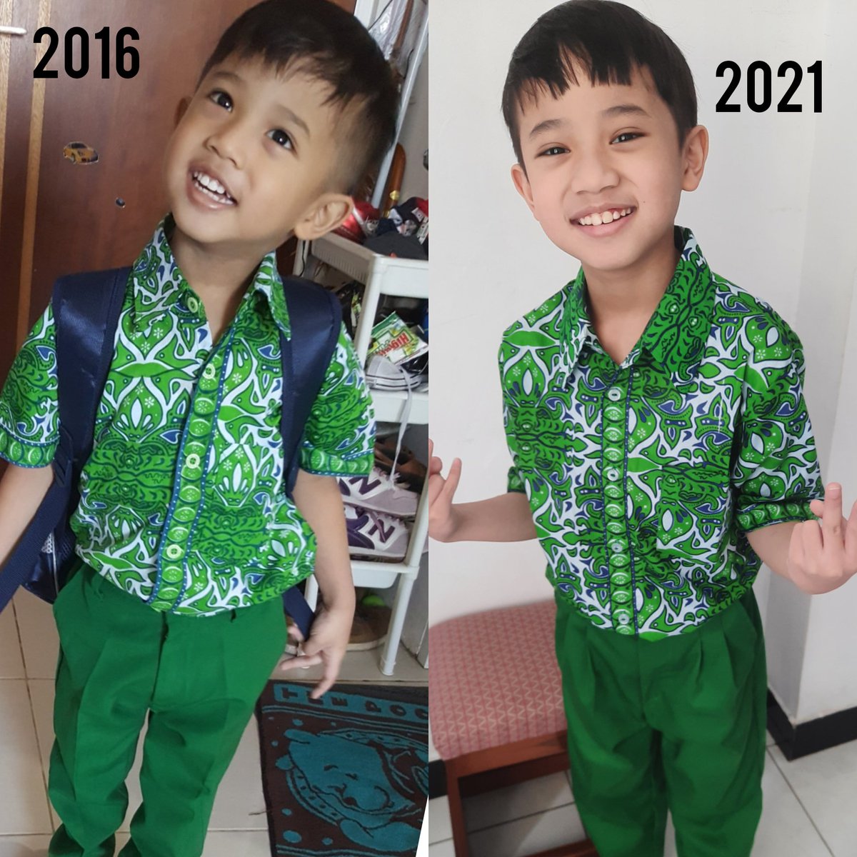 d_indah's tweet photo. Time flies yaa Mas,, yang taun 2016 masi jadi anak TK di Surabaya,, sekarang pake batik ijo lagi di kelas 4 ya mas,, enjoy your new school Mas Al sayang 😘😘😘 https://t.co/AvKRdpiMEu