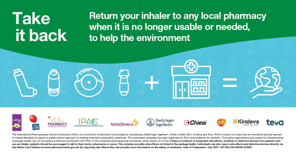 PCRSUK's tweet photo. Don't throw it away! When you next go to your local UK pharmacy, take your inhaler with you to be safely disposed of to help the environment, when it is no longer needed or usable.  #InhalerReturn https://t.co/G33WqDzxIY