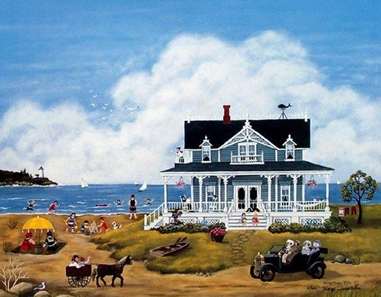 Cottage by the shore 🎨Mary Singleton ©️🇺🇸 #folkart Happy weekend, Twitterfriends!😘 #weekendvibes 🌻🌺🌞🌊