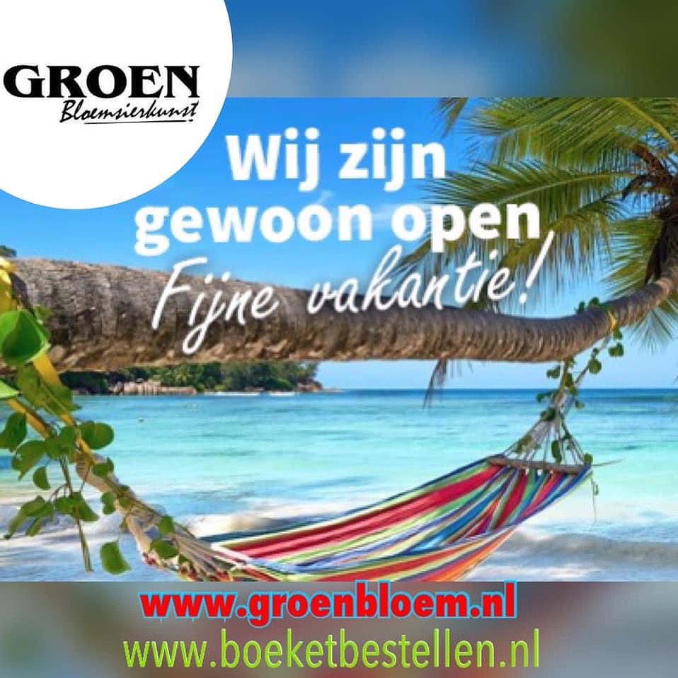 Wij zijn de vakantie periode gewoon open Zelfs vanuit uw vakantie stoel kunt u bloemen bij ons bestellen via onze
eigen webshop ! 
😎☀️ boeketbestellen.nl
groenbloem.nl