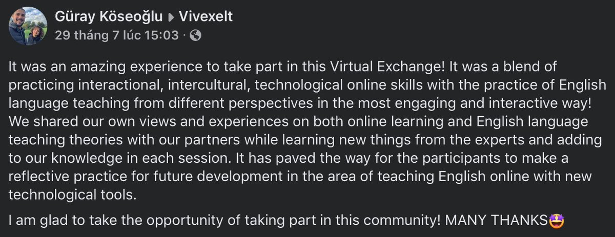 #virtualexchange #britishcouncil #coil #elt #tesol #tesolteacher
Glad to see this positive feedback on our first cycle of the British Council funded ViVEXELT project. Thank you Guray 😍
