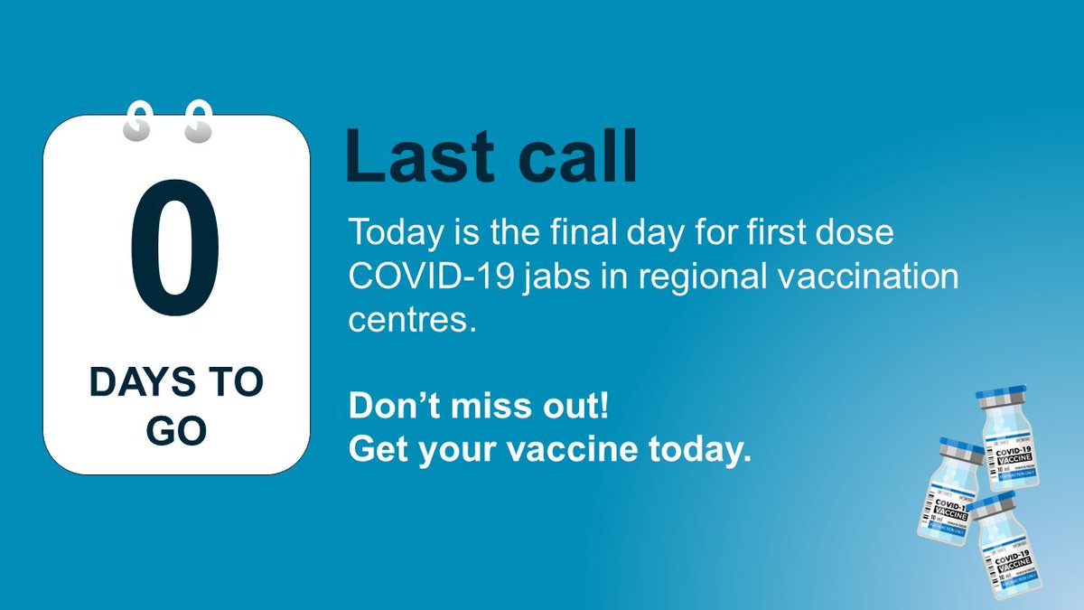 𝗗𝗼𝗻'𝘁 𝗺𝗶𝘀𝘀 𝗼𝘂𝘁! Today is the final day for first dose #COVID19 jabs at regional vaccination centres. Don't delay, get your jab today 💉 More info ➡️nidirect.gov.uk/covidvaccine