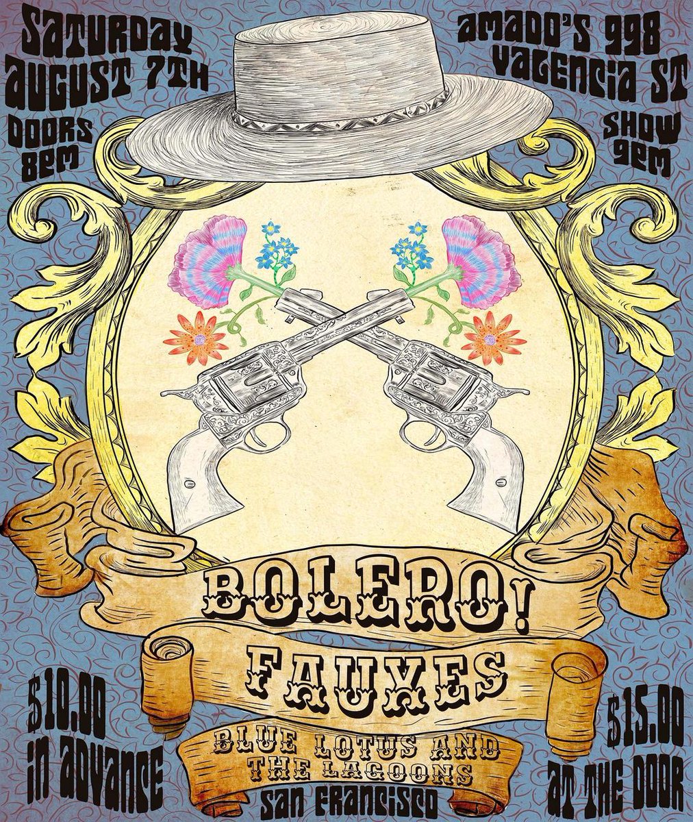 bolero /  fauxes / blue lotus and the lagoons are taking over @amados998 August 7th!!!! Shows at 9pm!!! Tix: $10 ADV $15 ATD Tix:eventbrite.com/e/bolero-w-fau… or visit amadossf.com
 Art by <a href="/tropical_dark/">Laura</a> #rocknroll #livemusic #sfmusic #psychedelic