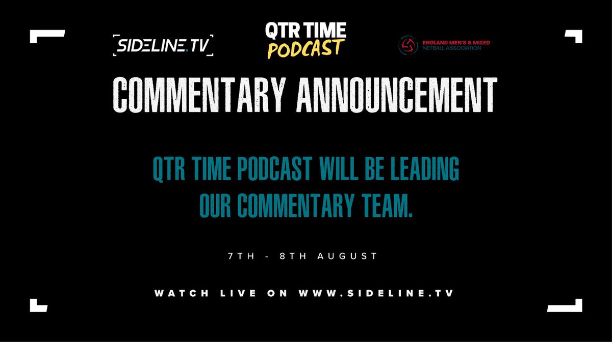 We are very excited to announce that <a href="/QtrTimePod/">Qtr Time Podcast</a> will be leading the commentary for <a href="/sideline_tv/">Sideline.TV</a> live coverage of Nationals 🎙

7 days to go 😊 

#Nationals2021 #NationalsEMMNA #MensNetball #MixedNetball #Netball #EMMNA #NetballForAll