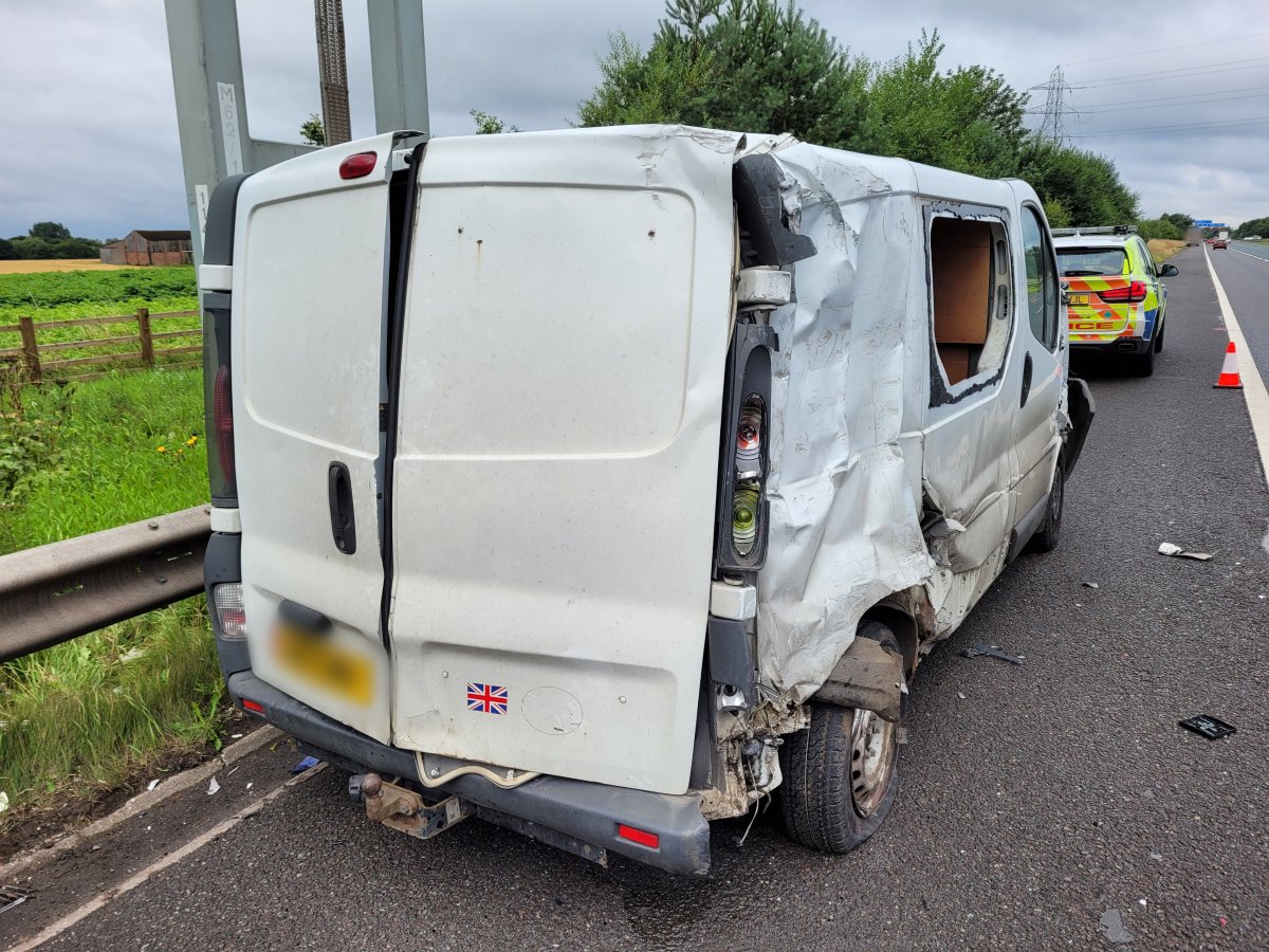 If you ever needed a reminder why not to stop on a hard shoulder unless an emergency, then here it is... By sheer luck, the occupant of the van only suffered minor injuries after breaking down and being clipped by a passing vehicle on the #M62 <a href="/NWmwaypolice/">North West Motorway Police</a> #DriveToArrive