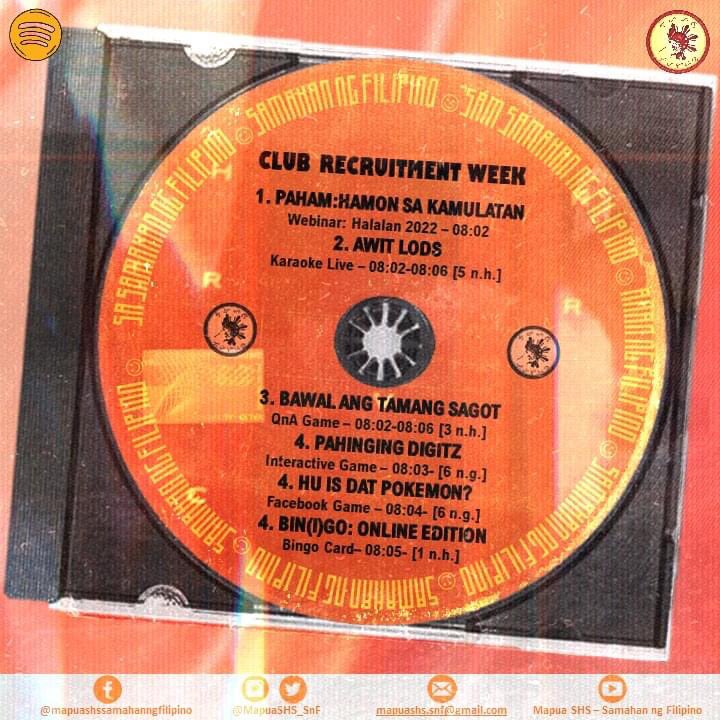 MapuaSHS_SnF's tweet photo. Wala ka bang panggastos sa 8.8 sale? SnF na ang sagot diyan! 

Ang Samahan ay naghanda ng iba't ibang palaro para sa inyo mga Kardinal! Narito ang pagkakasunod-sunod ng mga aktibidad para sa Club Recruitment Week. https://t.co/t6k24qXDh2