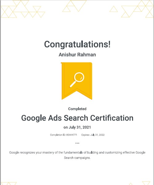 I Got my certificate from Google ads search certification. Now I am very happy.
#google #adscampaign #digitalmarketing #ppc #searchengineoptimization #seo #adsmanager #googleads