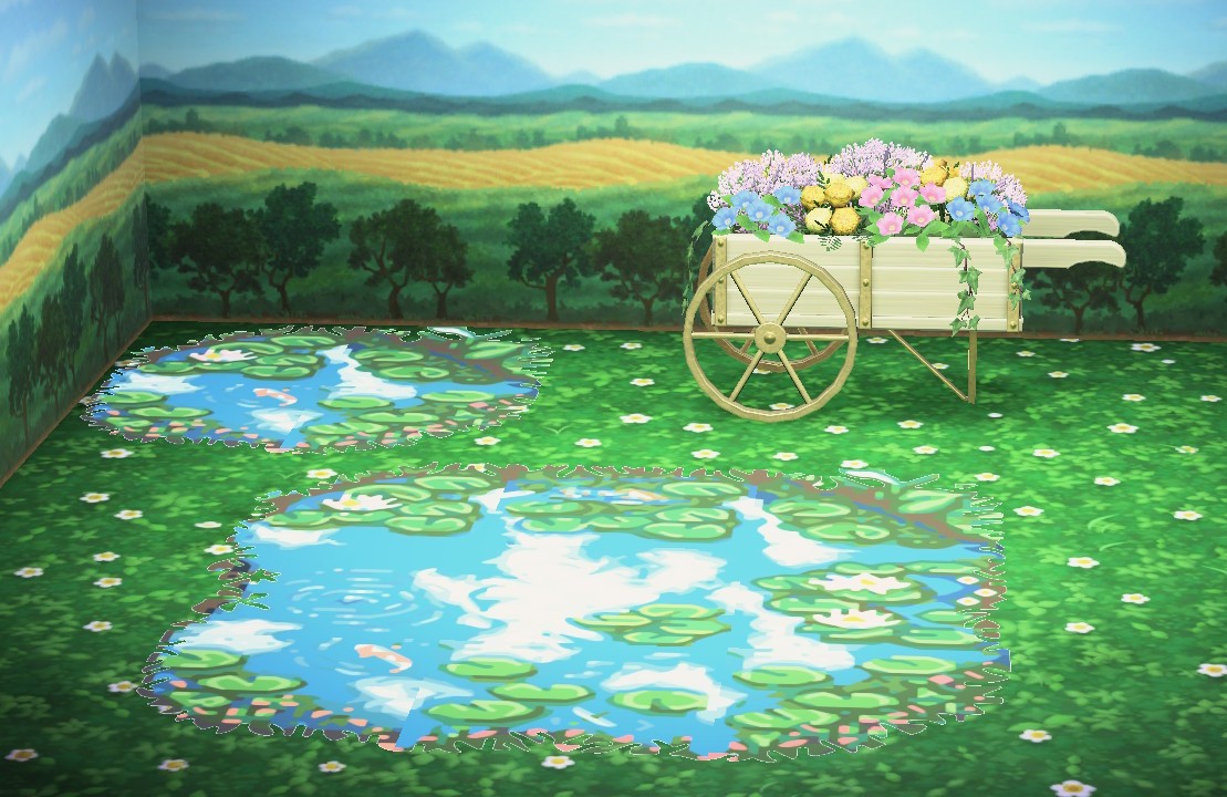 bleu_canari's tweet photo. I finished my reflective pond in the style of @Denim2_mori The Path.  Modeled after Monet's Zen water lily garden, with design spaces for grass standee, and reflections of the Zen bridges. Thanks to @mutsumori167cm for inspo for making perfect ponds #THEPATH #ACNHDesign https://t.co/S6IFZdPFcm