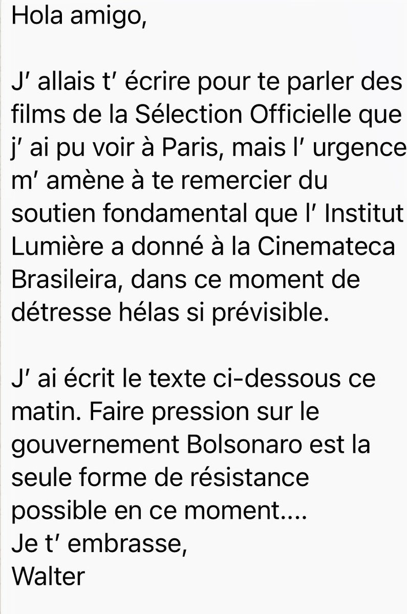 InstitutLumiere's tweet photo. Walter Salles a envoyé cette nuit les messages ci-après. Soutien à la Cinémathèque Brésilienne ! ⁦@cinemathequefr⁩ ⁦@LeCNC⁩ https://t.co/0g7PXJnabU