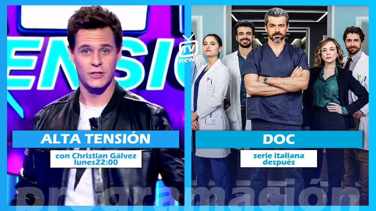 ESTRENOS | El lunes, noche de estrenos en @telecincoes ✨

⚠️ A las 22:00, estreno en el access de @altatensionconc con @ChristianG_7 
👨🏽‍⚕️ Justo después, estreno de la serie italiana #DOC
👩🏽‍⚕️ A partir de la 1:15, estreno de #NinaUnaEnfermeraDiferente