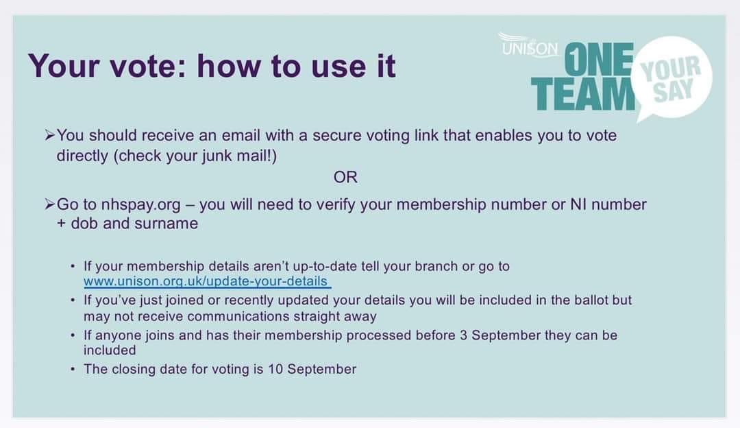 NurseSayNO's tweet photo. 🚨UNISON pay ballot OPEN! Check junk or contact the union if you haven't received anything by email. Make sure your details are up to date.

📣VOTE REJECT! 
Staff, patients and the future of the NHS are worth more than 3%

👍🏻If you don't know a good rep, become one. Get active https://t.co/y0kro4eens