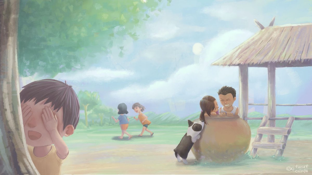 FinnieTheFish's tweet photo. From my previous illustration post, in fact there are 2 versions, the sunset and the daytime. My client chose the sunset one but He gave me permission to post another one as well.
So here it is. Children playing hide and seek during daytime. #childrenillustration #hideandseek https://t.co/GWJfkUUmrA