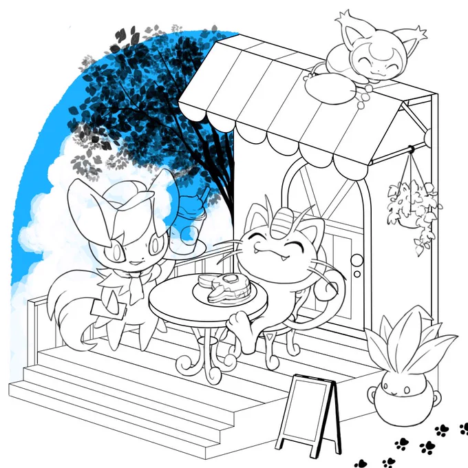 すずねこラフからの線画🤤普段描かないパースのついた絵に大苦戦😂普段こんなにキッチリ線画を描かないので線の太さとか配置とか等身とか色々考えながら描いてたので、めっちゃ勉強になった1枚😳小物使いや細かい部分は、最後のささちゃんに丸投げしました🤤ニャオニクスはポケモンカフェミックス仕様 