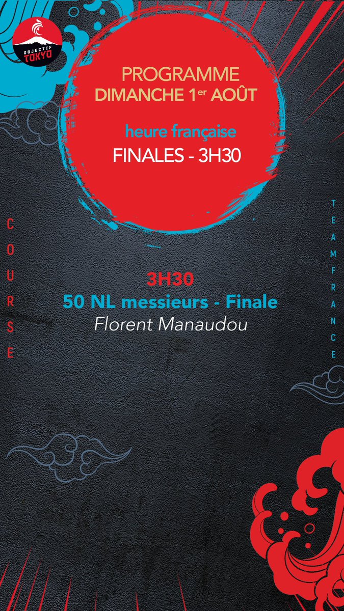 #EnDirect #Tokyo2020 #natation
Rendez-vous cette nuit à 3h30 ⏰ pour suivre la finale du 50m NL messieurs avec Florent Manaudou 🇫🇷🔥🔥🔥
#TeamFFN #Allezlesbleus