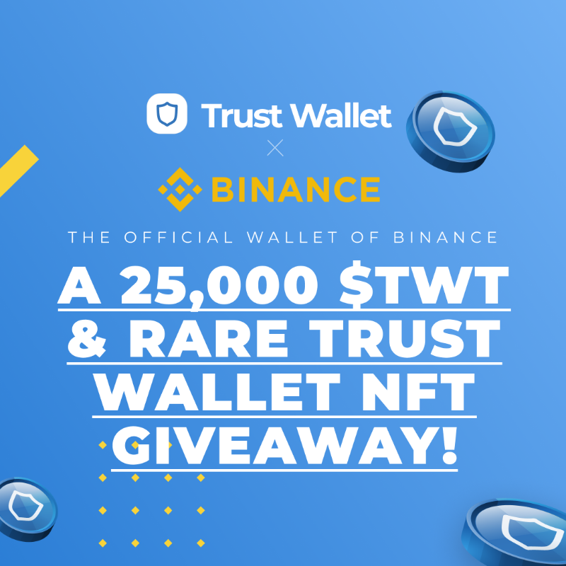 TrustWallet's tweet photo. Right Trust Wallet fam, you asked for it…

25,000 $TWT &amp; Rare Trust Wallet NFT Giveaway!

We're celebrating 3 years of Trust Wallet &amp; Binance🤝

Rules:
💙Retweet
💙Follow @TrustWalletApp &amp; @Binance
⬇️Fill out the form and answer the quiz! ⬇️
