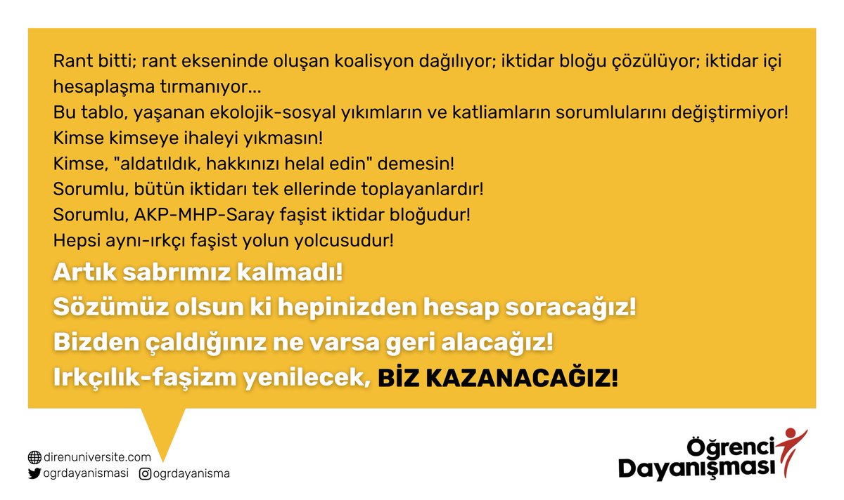 Artık sabrımız kalmadı!
Sözümüz olsun ki hepinizden hesap soracağız!
Bizden çaldığınız ne varsa geri alacağız!
Irkçılık-faşizm yenilecek,
BİZ KAZANACAĞIZ!

#KonyadaKatliamVar
