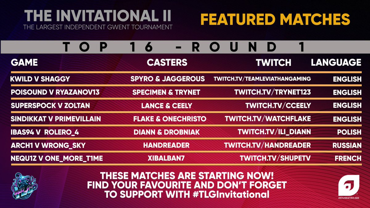 LeviathanTlg's tweet photo. Let's get this started then!

Round one is commencing, and we've got the featured matches for ya'll to choose where to tune in!

Show your support on Twitter with #TLGInvitational. Best of luck everyone!

Powered by @ADVANCEDgg https://t.co/Pd5UtITS7B