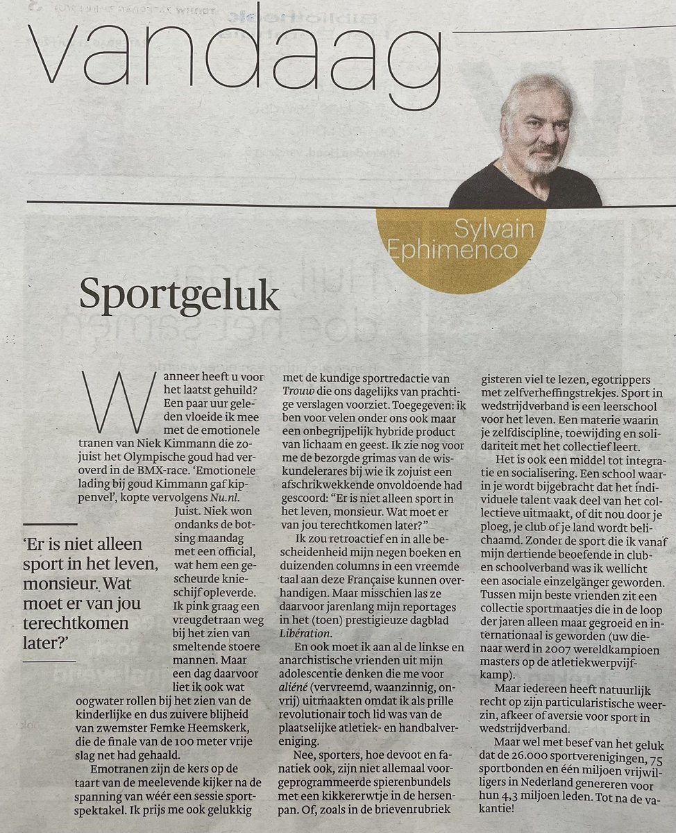 Sport in wedstrijdverband is een leerschool voor het leven. Een materie waarin je zelfdiscipline, toewijding en solidariteit met het collectief leert. Het is ook een middel tot integratie en socialisering. 

Columnist Sylvian Ephimenco in <a href="/trouw/">Trouw</a>. 
#Tokyo2020 #OlympischeSpelen