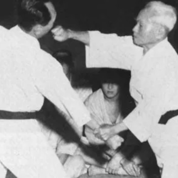 “Hikite (引手): the meaning of hikite is to grab the opponent’s arm and pull it, while twisting as much as possible, so that their posture is disrupted” – Gichin Funakoshi, Rentan Goshin Karate Jutsu, 1925. Photo: Gichin Funakoshi using hikite to open up a strike.