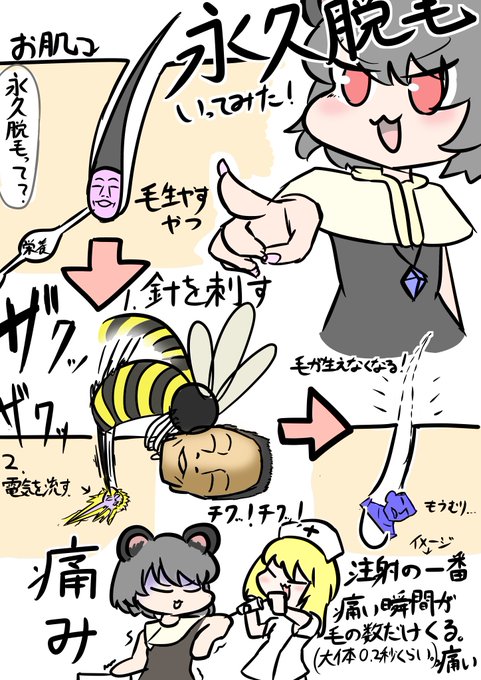 今日永久脱毛のお試しに行ってきました。
顔に注射150本刺されたぐらいの痛みを感じました。(場所とか毛の太さで痛み変わる) 