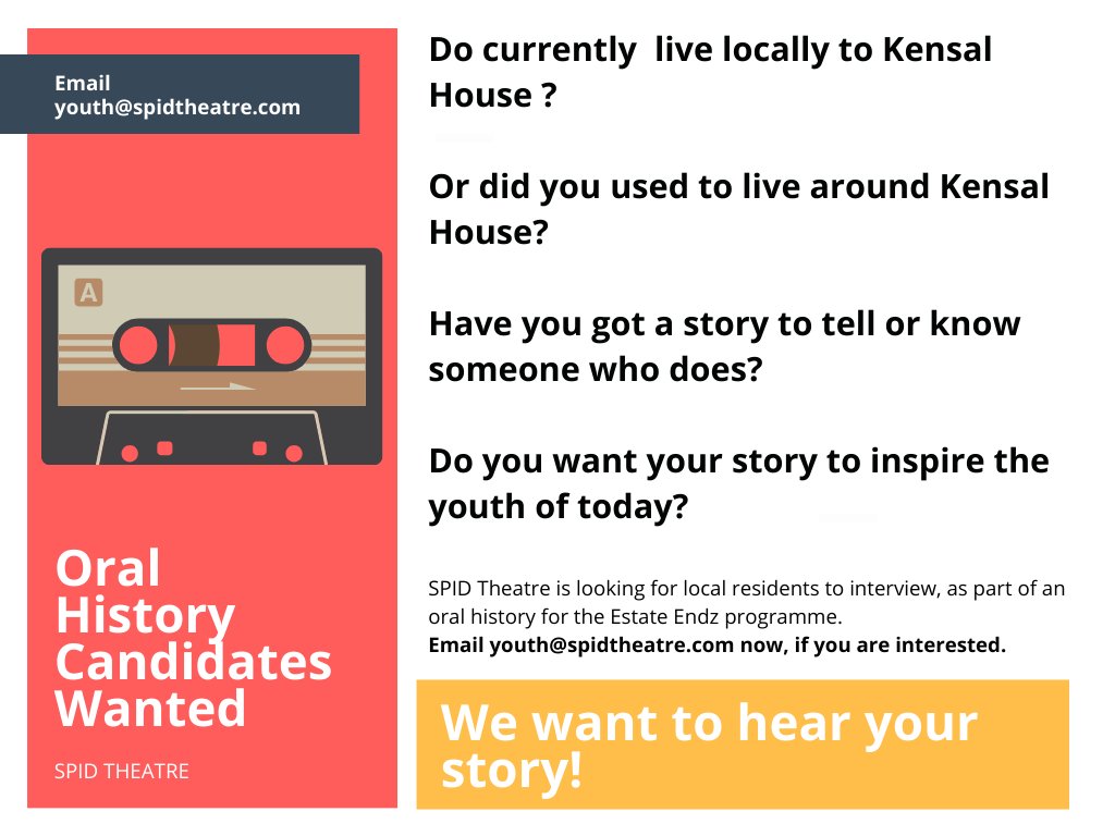 SPIDTheatre's tweet photo. We want to hear the stories of people living in the kensal house area, do you want to share your life story? Email youth@spidtheatre.com #oralhistory #stories #localpeople #people #kensalhouse #community https://t.co/umWwR9pa0i