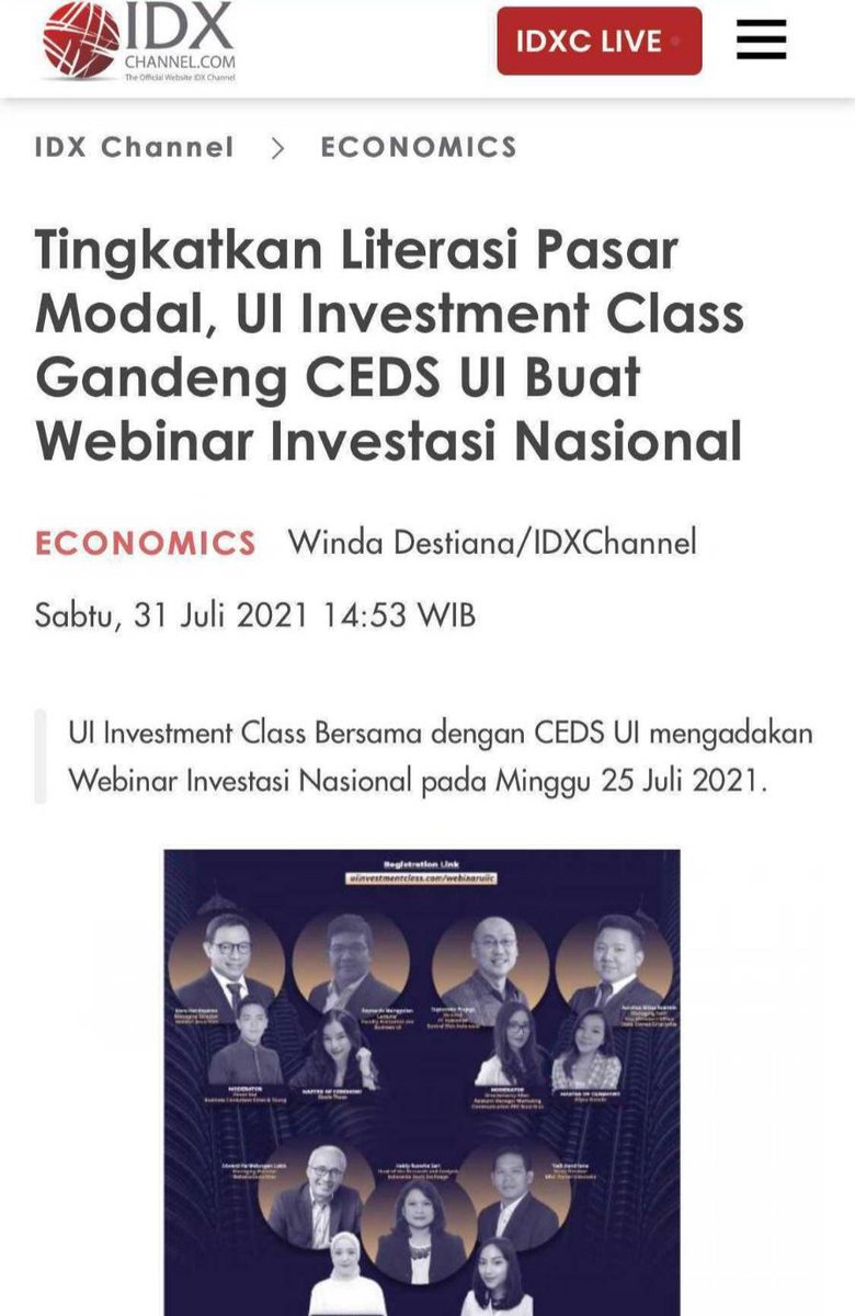 UIInvestClass's tweet image. Greetings, Great Investors!

IDX Channel has just posted an article related to the National Investment Webinar UI Investment Class held on Sunday, July 25, 2021.

Sit back and read this! ⬇️⬇️ idxchannel.com/economics/ingk…

#UIInvestmentClass
#BeYoungBeInvestor