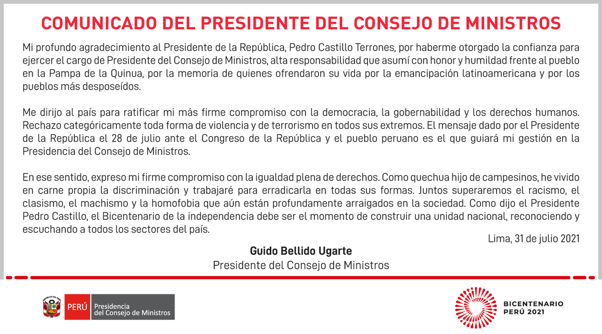 #COMUNICADO El presidente del Consejo de Ministros, Guido Bellido Ugarte, manifiesta lo siguiente: