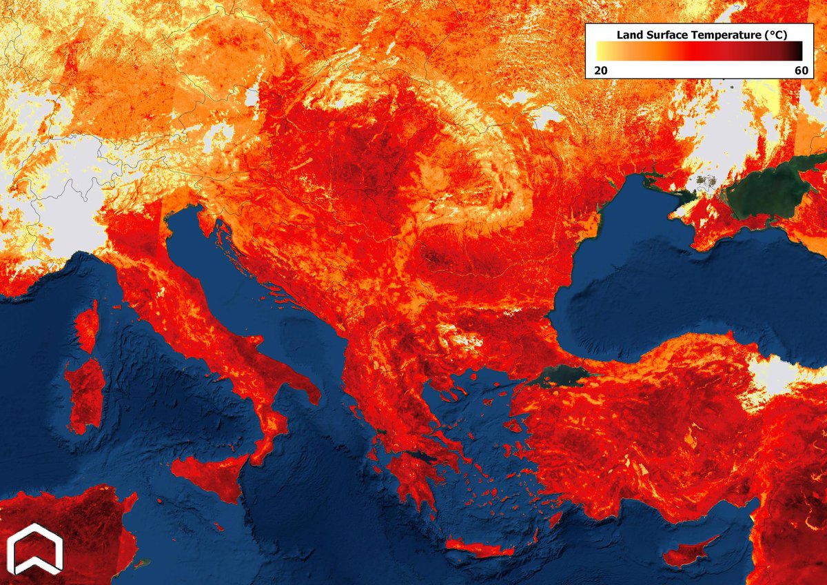 Hot Summer! The intense #heatwave hitting #Europe makes the southern countries looking red (and black) in this #Copernicus #Sentinel3 Land Surface Temperature on July 30. White areas represent clouds. #Greece #Turkey #Italy #Sicily #Sardinia #summer