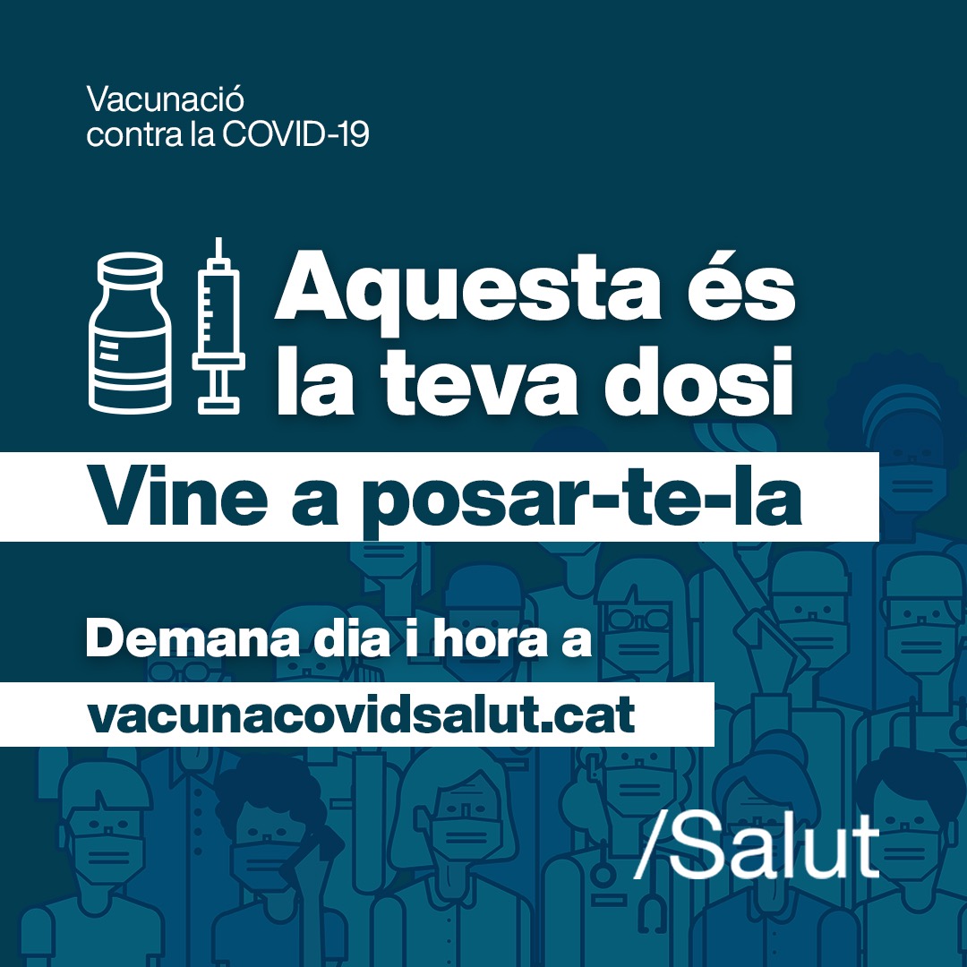 💉 Aquesta és la teva dosi, vine a posar-te-la!

📲 Podeu consultar o demanar dia, hora i lloc a través de vacunacovidsalut.cat.

👉 La pauta completa de vacunació et protegeix contra les noves variants i redueix el risc de patir complicacions greus.  #JoEmVacuno