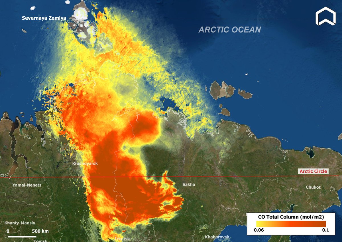 Russian fires emissions update. The plume of Carbon Monoxide from the #wildfires in #SakhaRepublic as detected today, July 31, by #Copernicus #Sentinel5p reaching #Arctic, confirms the <a href="/CopernicusECMWF/">Copernicus ECMWF</a> forecasts Cams. #wildfires2021Russia #Yakutia  #AirQuality #ClimateEmergency