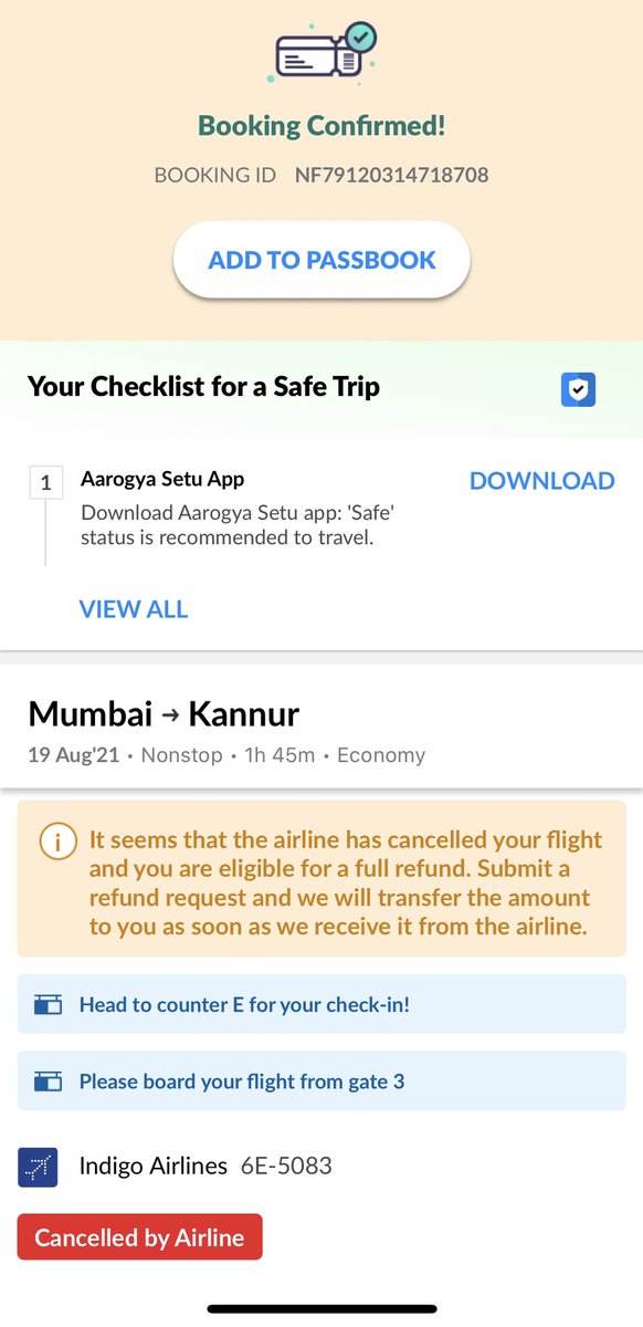 chikkuscomics's tweet photo. Is this flight really cancelled? I am confused.. as I didn’t get any mail but upon checking app .. this is what is shown @makemytrip @IndiGo6E https://t.co/ANjttMadzR