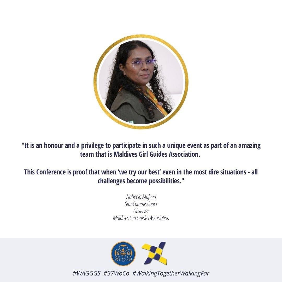 GirlGuidesMv's tweet photo. Our Star Commissioner Nabeela Mufeedh shared her’s on #MyWoCoExperience
@wagggsworld
@WAGGGSAsiaPac
#WalkingTogetherWalkingFar #37WoCo #GirlGuidesMv #WAGGGS https://t.co/HPNwmf9Y5W