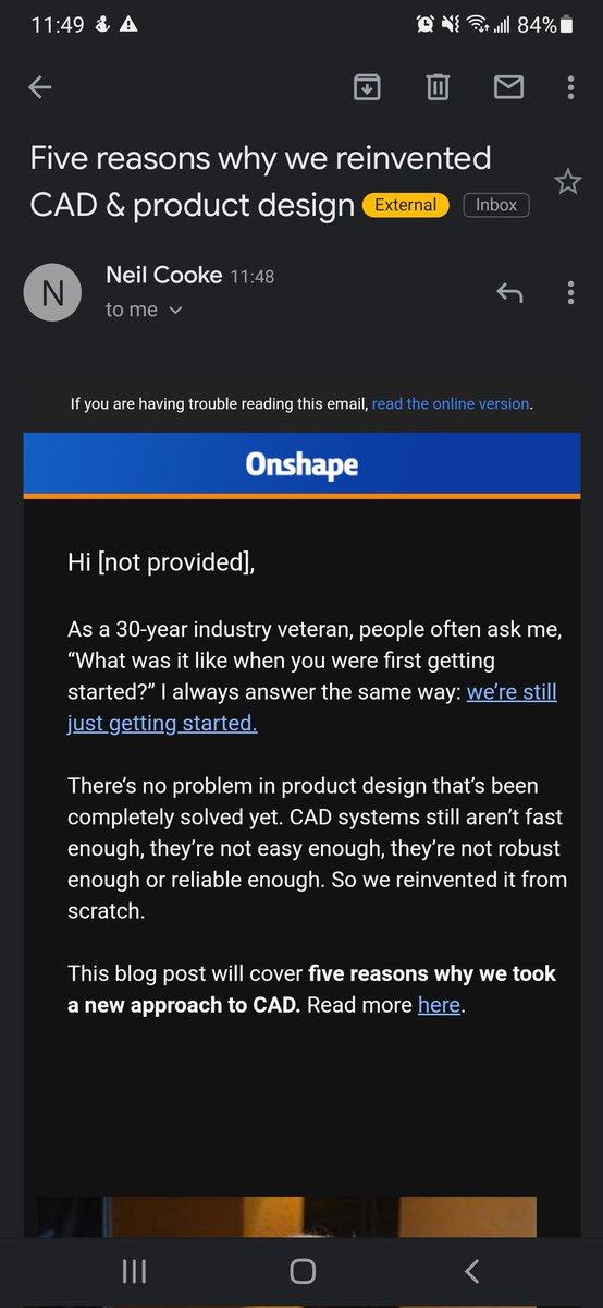 the_drew_b's tweet photo. Man, @Onshape is really getting confident in their market capture. This was a bold move @NeilCooke3D #notprovided https://t.co/dBRWvm19Mi