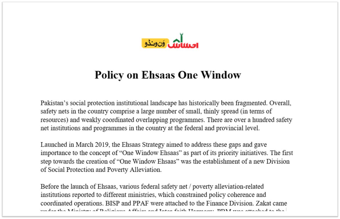 SaniaNishtar's tweet photo. The Prime Minister has approved the “#OneWindowEhsaas Policy”, comprising 6 pillars: 1. One stop shop, the #Ehsaas Center; 2.Back office integration; 3. Digital information platform; 4. App; 5. Integrated database; & 6. Unified targeting policy.1/7
Policy: https://t.co/ABJf3a1mgj https://t.co/VeJI5zSx1U