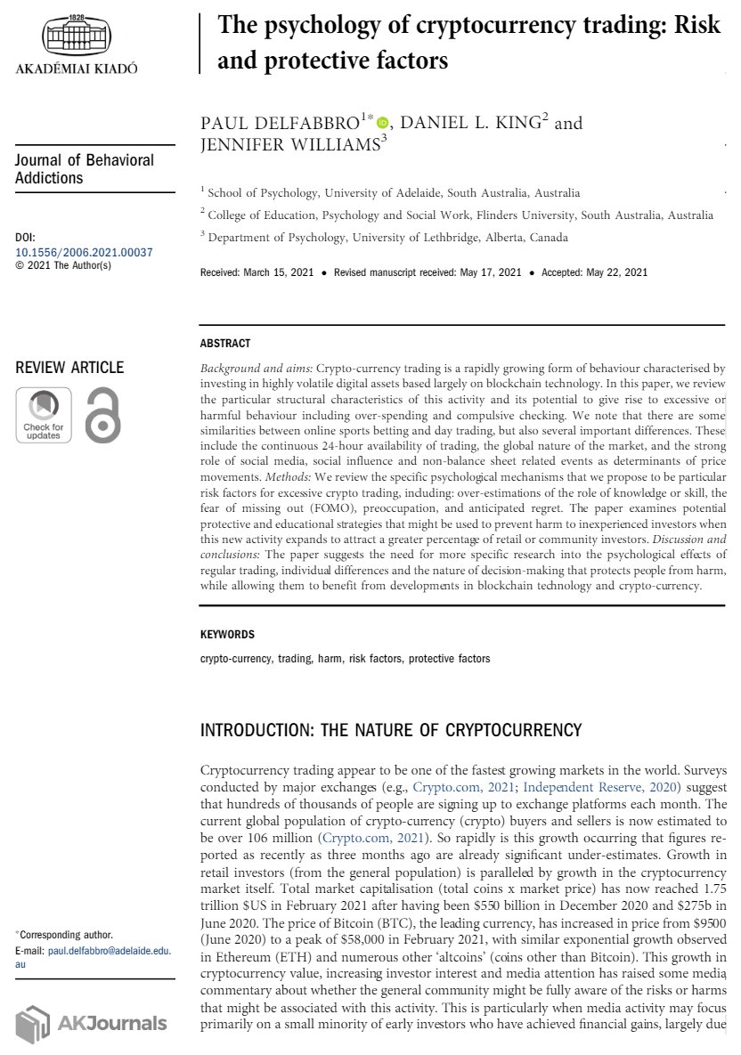 eisenreich's tweet photo. VeChain x Journal of Behavioral Addictions π
VeChain was mentioned in a short journal article on the psychology of cryptocurrency trading, along with topics like FOMO, gambling, and the illusion of control π€
Full Pdf π
https://t.co/qgi8MrDEa1
#VeChain $VET #VeFam #VeSearch https://t.co/bYvIjjmrJ5
