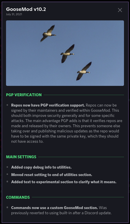 Goose_Mod's tweet photo. GooseMod v10.2 is now out! PGP verification for repos! Also some settings and API improvements. Have fun! https://t.co/X4grIf00Vx