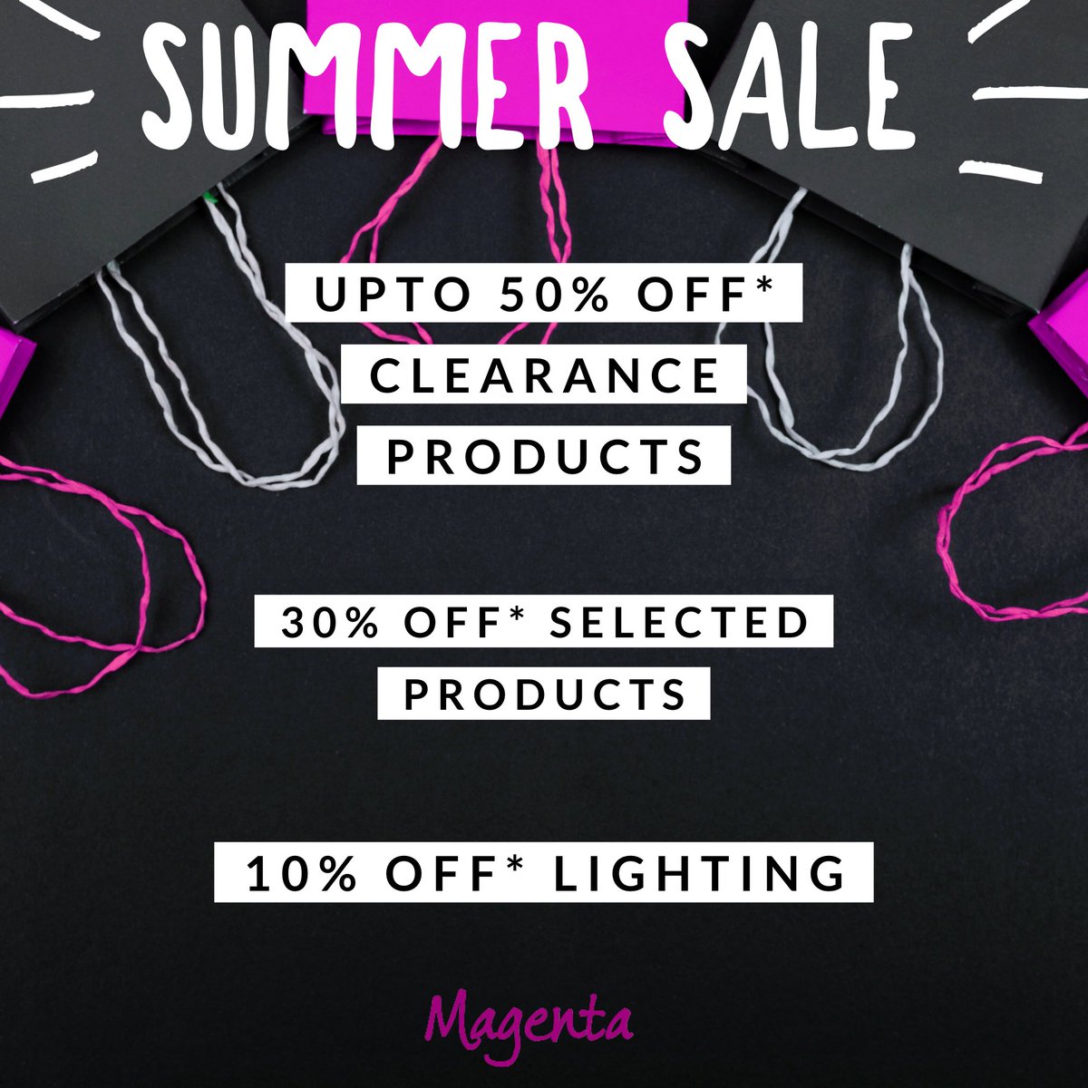 MagentaTrends's tweet photo. #SUMMER #SALE has now started in store &amp; online ! 30%off most products*
10% off Lighting
Upto 50% off clearance products 
.
CODES:
Summer30
Lighting10
https://t.co/wRXKSAqRUU 
https://t.co/kio2aaVdOH

CLEARANCE- go to : https://t.co/5tg7bg5XBo  #bargains #discounts #homedecor https://t.co/msiHhJ8Lj5